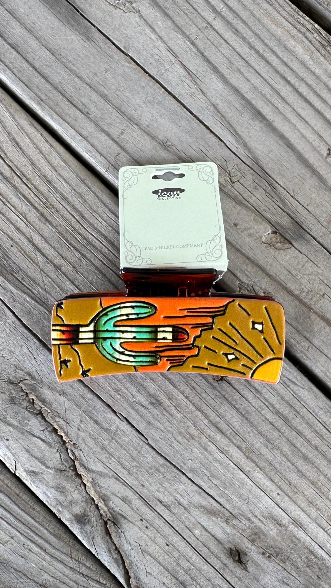 Western Cactus Graphic Leather Claw Clip