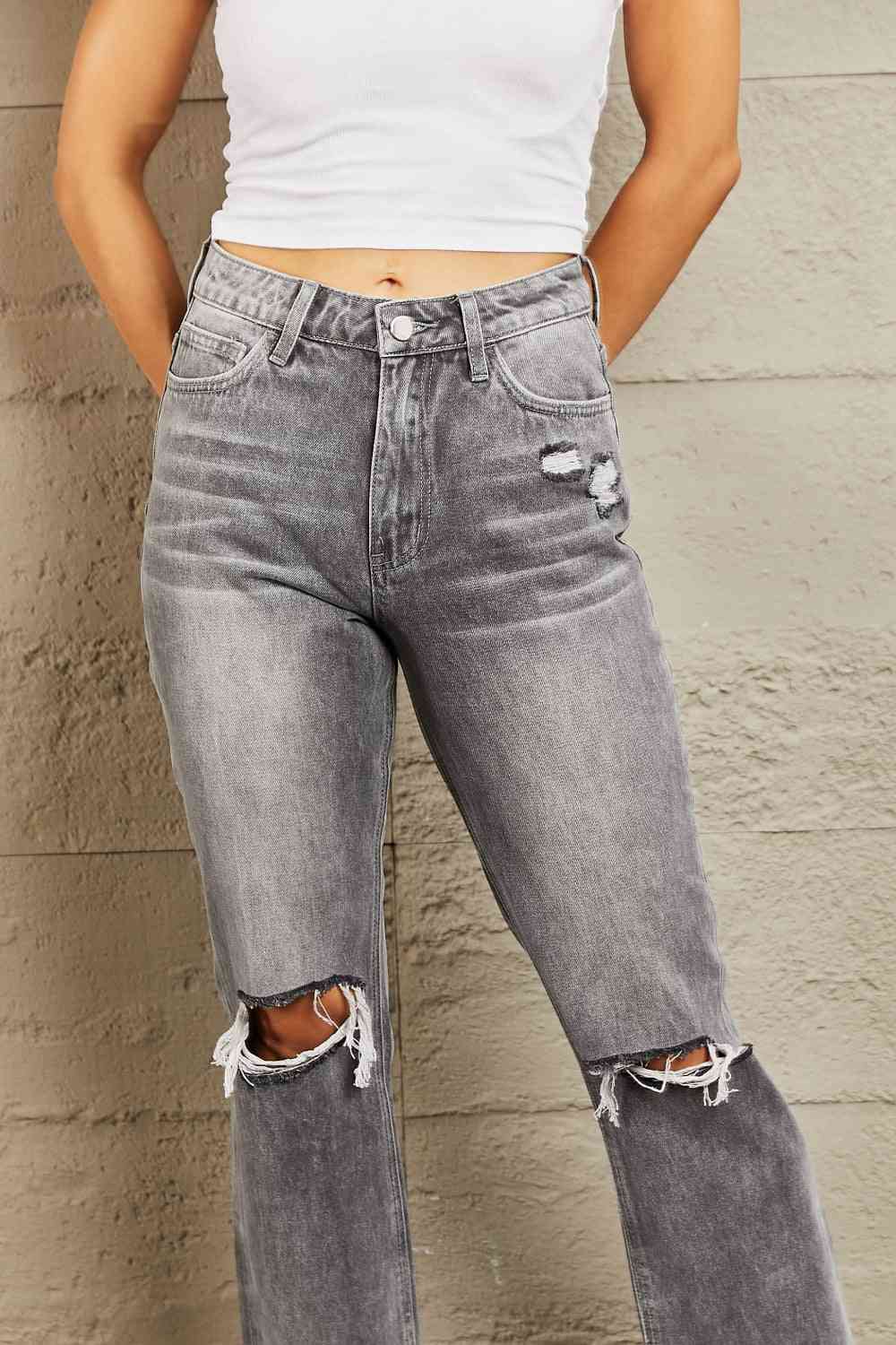 BAYEAS Stone Wash Distressed Cropped Straight Jeans - The Frosted Cowgirls