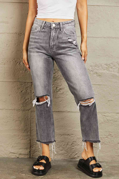 BAYEAS Stone Wash Distressed Cropped Straight Jeans - The Frosted Cowgirls