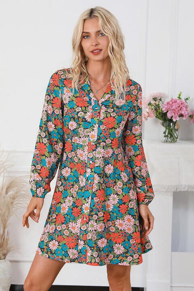 Floral Button Front Collared Neck Shirt Dress - The Frosted Cowgirls