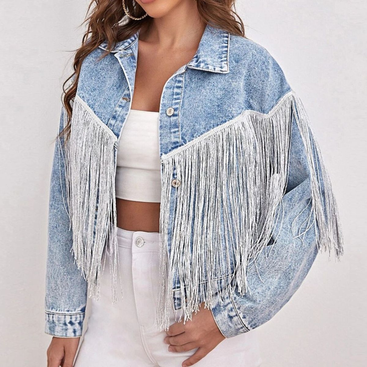 Fringe Detail Collared Neck Long Sleeve Denim Jacket - The Frosted Cowgirls