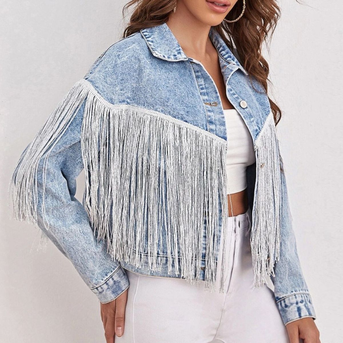 Fringe Detail Collared Neck Long Sleeve Denim Jacket - The Frosted Cowgirls