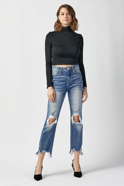RISEN High Waist Distressed Frayed Hem Cropped Straight Jeans - The Frosted Cowgirls