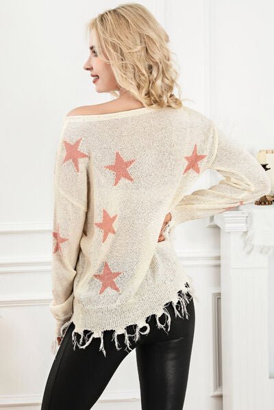 Star Fringe Round Neck Dropped Shoulder Sweater - The Frosted Cowgirls