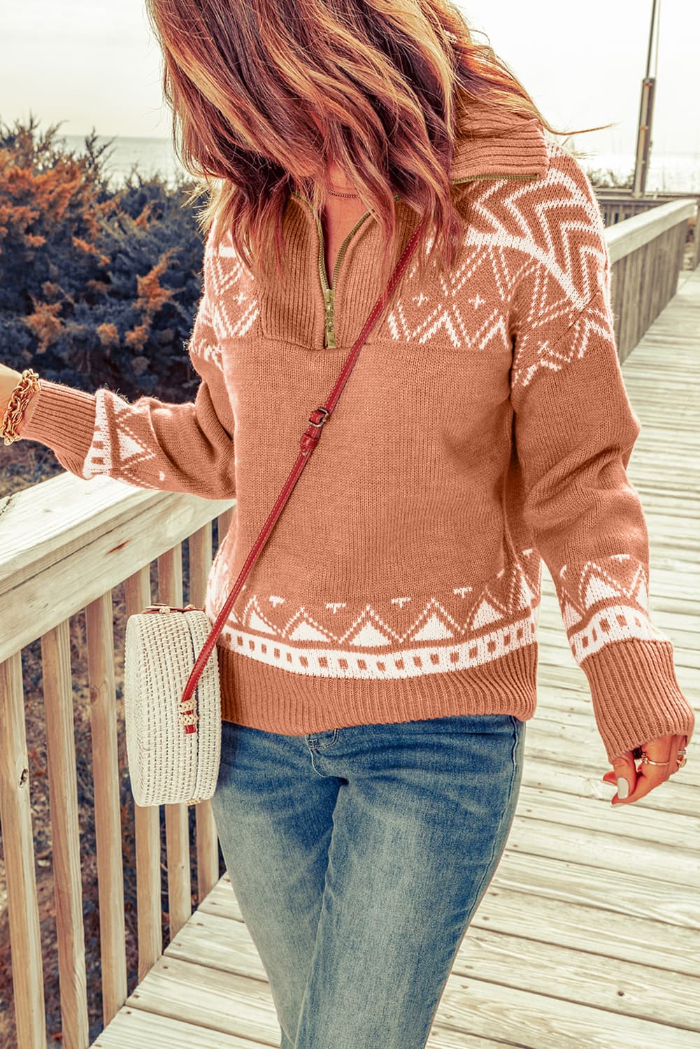 Zip-Up Mock Neck Dropped Shoulder Pullover Sweater - The Frosted Cowgirls