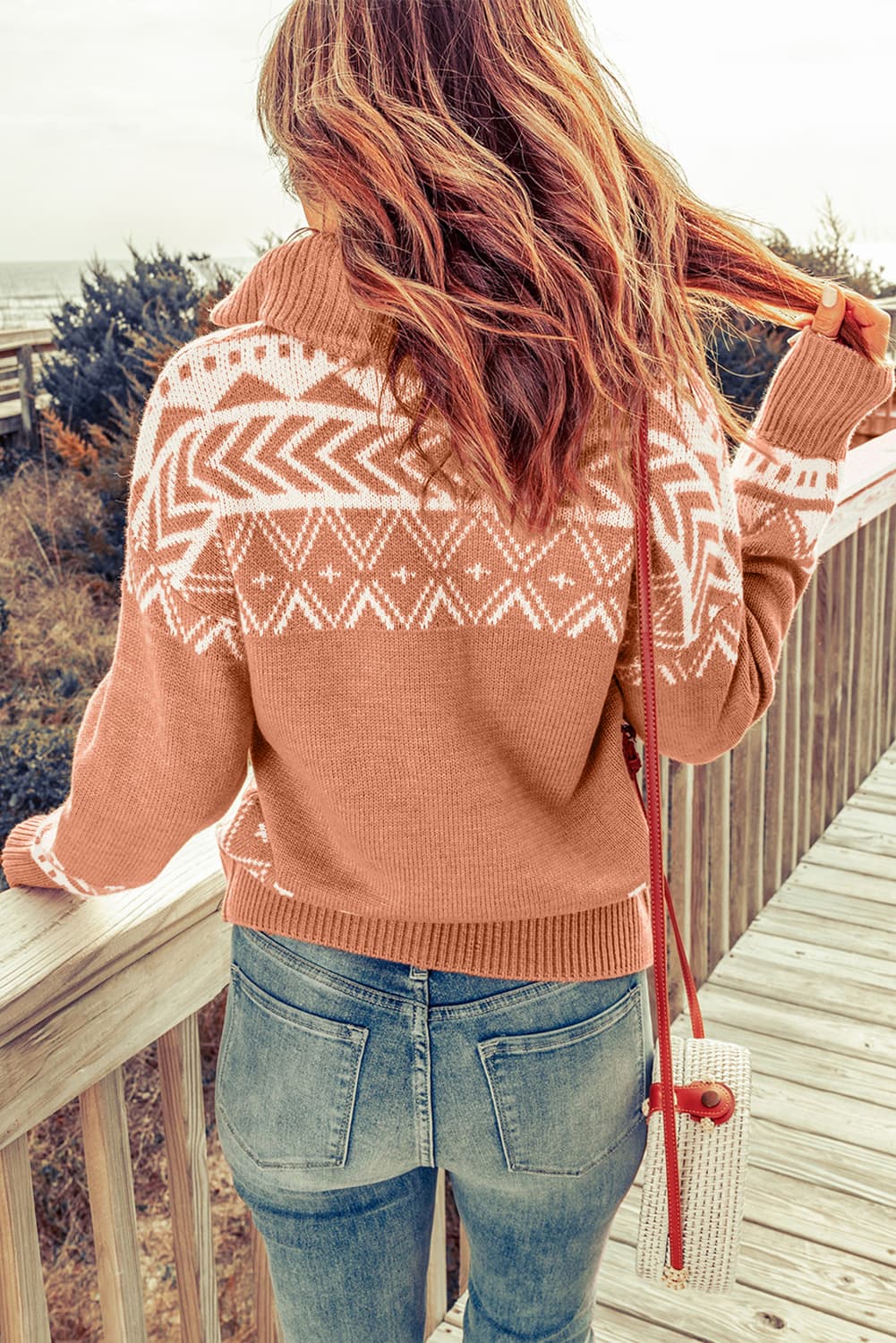 Zip-Up Mock Neck Dropped Shoulder Pullover Sweater - The Frosted Cowgirls